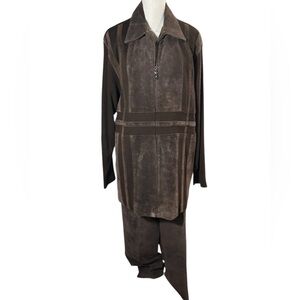 Vintage Lorenzino Suede Leather and Wool Mixed Media Zip Sweater & Pants Set